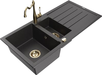 Mexen Andres granieten spoelbak 1,5-kamer met afdruiprek en keukenkraan Carla, zwart gespetterd - 6515-76-670700-50