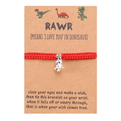 Armbandje met Dino Zilverkleurig - Rood Bandje - Armband op Cadeau kaartje - Pax Amare
