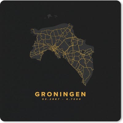 Muismat 20x20 cm - Mousepad Groningen - Nederland - Kaart - Black and gold - Muismatten