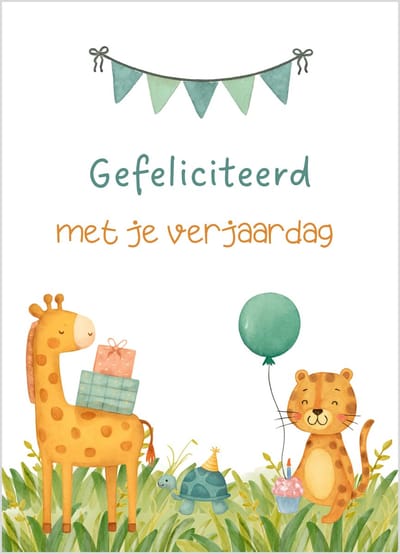 Wenskaart gefeliciteerd verjaardag kinderen giraffe tijger cadeautjes slingers – 10x15 cm – stevige kaart 400 grams – inclusief kraft envelop – verjaardagskaart kind