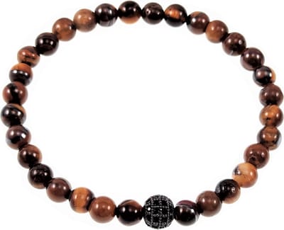 Natuursteen Kralen Armband Unisex - Tijgeroog Bruin - RVS Kraal met Zirkonen - Armband Dames - Heren