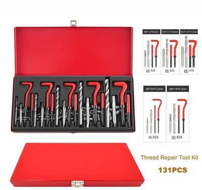 Hutjemutje - gereedschapsset - schroefdraad reparatieset 131-delig - M5, M6, M8, M10, M12 - Voor auto&moto, boorhuls, Helicoil, schroefhuls - rood