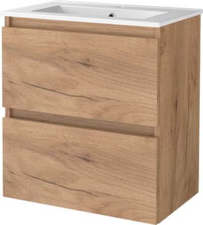 Basic Start 39 badmeubelset met greeploze wastafelonderkast met 2 lades en porseleinen wastafel met 1 kraangat 60 x 39 cm, whisky oak