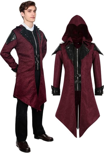 Heren Middeleeuwse Capuchonjas Gothic Trenchcoat Victoriaans Vintage Kostuum