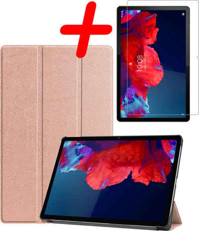 Hoesje Geschikt voor Lenovo Tab P11 - Met Screenprotector - Trifold Bookcase - Hard Cover - Hardcover Book Case - Tablet Hoes - Rosé goud