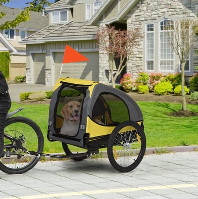 HAUSS SPOLE Hondenfietstrailer – 140 x 71 x 83 cm – Veilig Vervoer Tot 20 Kg – Polyester – Geel – Voor Middelgrote Honden Met Gaasramen