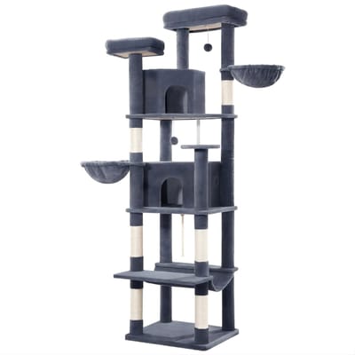 Kattenboom – Voor Grote Katten – 216 cm Stevige Kattenboom met Krabpalen, 2 Kattenhuizen, 2 Ligplateaus en 2 Mandjes – Donkergrijs