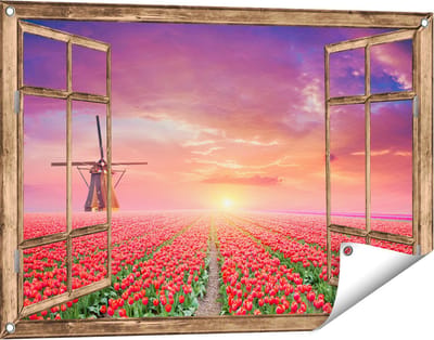 Gards Tuinposter Doorkijk Rode Rozen Bloemenveld met een Windmolen - 90x60 cm - Tuindoek - Tuindecoratie - Wanddecoratie buiten - Tuinschilderij