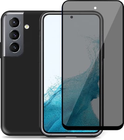 Hoesje geschikt voor Samsung S22 + Privacy Screenprotector – Privé Gehard Glas Cover - Suède Case Zwart