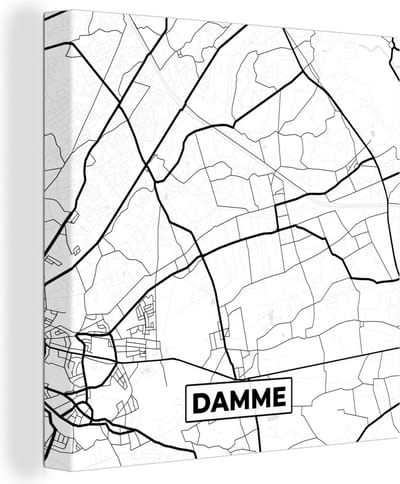 Canvas Schilderij België – Damme – Stadskaart – Kaart – Zwart Wit – Plattegrond - 20x20 cm - Wanddecoratie