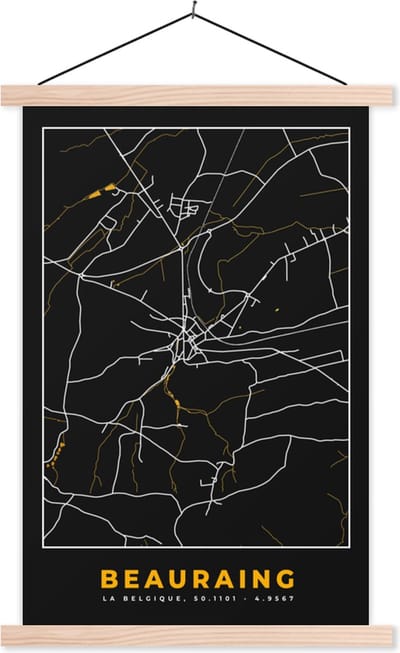 Posterhanger incl. Poster 40x60 cm - Schoolplaat - Gold - Stadskaart - Beauraing - Plattegrond - Kaart - Textielposter - Blanke latten - Stadskaart