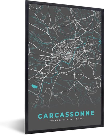 Fotolijst incl. Poster - Carcassonne - Frankrijk - Plattegrond - Kaart - Stadskaart - 40x60 cm - Posterlijst