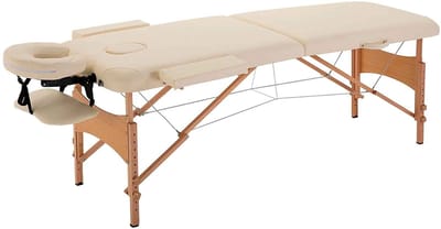 CORE Massagetafel - Opvouwbare massagetafel - In hoogte verstelbaar met hoofdsteun - Sterk houten frame - Extra dikke bekleding - Arm steunen in de breedte - Tot 225kg belastbaar - 60x185x61-87cm - Beige