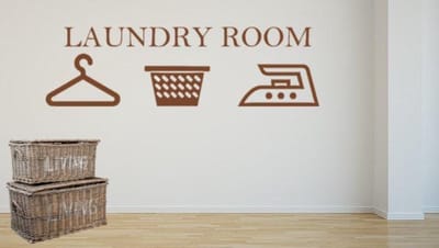 Sticker Laundry room donker bruin 50 x 25 | Wasmand | Strijkijzer | Hanger | Rosami