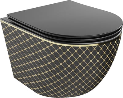Mexen Lena wc-pot Rimless met softclose zitting slim, duroplast, zwart mat/goud ruitpatroon - 30224079