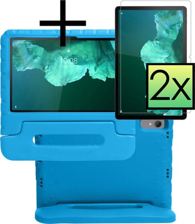 Hoes - Geschikt voor Lenovo Tab P11 - Met 2x Screenprotector - Kinderhoes Shockproof Bumper - Kidsproof Case - Tablet Hoesje - Kinder Cover - Blauw
