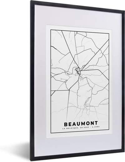 Fotolijst incl. Poster Zwart Wit- België – Beaumont – Stadskaart – Kaart – Zwart Wit – Plattegrond - 40x60 cm - Posterlijst