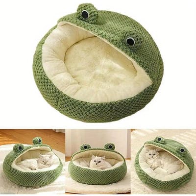 Panier pour chat semi-fermé Petit nid pour animal de compagnie adorable grenouille pour chiens et chats Confortable Respirant Peluche Grotte pour chat d'intérieur Chaleureux S Semi-Enclosed