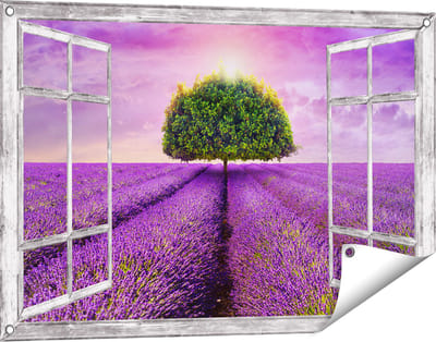 Gards Tuinposter Doorkijk Groene Boom in de Lavendel Bloemen - 90x60 cm - Tuindoek - Tuindecoratie - Wanddecoratie buiten - Tuinschilderij