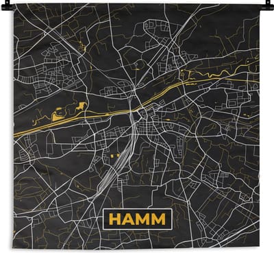 Wandkleed - Wanddoek - Hamm - Plattegrond - Black and Gold - Duitsland - Kaart - Goud - Stadskaart - 180x180 cm - Wandtapijt
