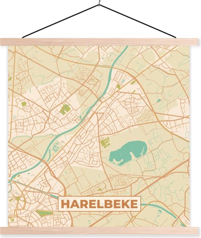 Posterhanger incl. Poster 40x40 cm - Schoolplaat - Harelbeke - Kaart - Vintage - Stadskaart - Plattegrond - Textielposter - Blanke latten - Stadskaart