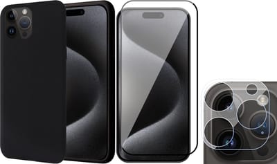 Hoesje geschikt voor iPhone 15 Pro - Screenprotector FullGuard & Camera Lens Screen Protector - Back Cover Case SoftTouch Zwart