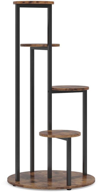 Pugsdrly Hoekstandaard voor planten met 5 niveaus, vrijstaande standaard van hout en metaal met plank voor potten en ronde schaal, standaard voor tuinplanten, terras of balkon, voor binnen en buiten, woonkamer, slaapkamer, rustiek bruin