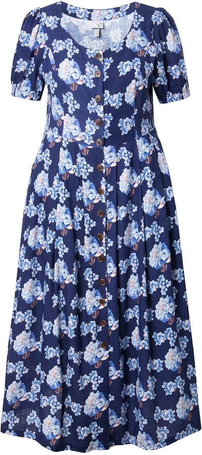 Ulla Popken - Dames - Maxi-jurk van een linnenmix ronde hals halve mouwen zakken - Marine - Maat 42+