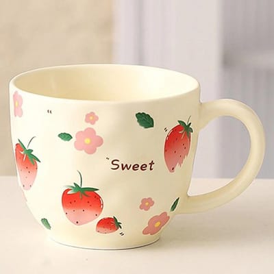 Schattige Keramische Mok met Fruitpatroon Aardbei Koffiekop Havermout Ontbijtkop Waterbeker Valentijnsdag Cadeau Waterbekers voor Stelletjes 360ml beige