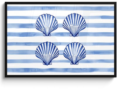 Poster in lijst - Fotolijst 120x80 cm - Posters - Vier schelpen - Blauw - Wit - Strepen - Posterlijst zwart - Decoratie - Wanddecoratie woonkamer - Muurdecoratie slaapkamer
