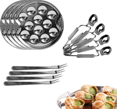 12-delige Escargot Set – RVS Slakkenbord met Slakkentangen & Vorkjes – Slakkenservies voor Gevulde Escargots – Escargot Bestek & Slakkenhouder – Voor Voorgerecht / Diner / Kerstdiner – Zilver