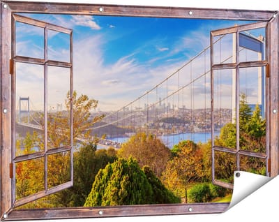 Gards Tuinposter Doorkijk Bosphorus Brug in Instanbul - 120x80 cm - Tuindoek - Tuindecoratie - Wanddecoratie buiten - Tuinschilderij