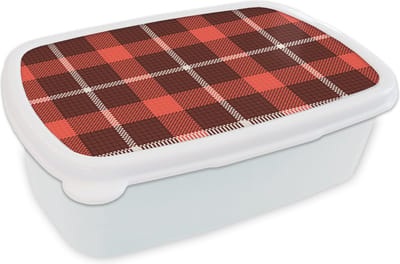 Broodtrommel Wit - Lunchbox - Brooddoos - Schotse ruit - Plaid - Rood - Patronen - 18x12x6 cm - Volwassenen