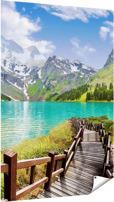 Gards Tuinposter Pad naar een Helder Blauw Meer in de Bergen - 120x180 cm - Tuindoek - Tuindecoratie - Wanddecoratie buiten - Tuinschilderij