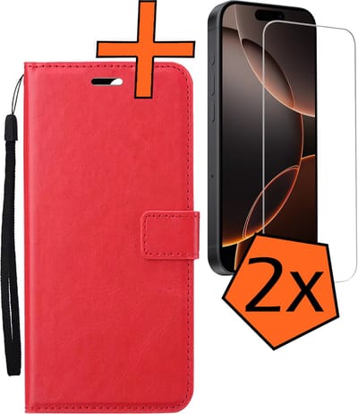 Hoes - Met 2x Screenprotector - Geschikt voor Apple iPhone 16 Pro - Luxe Pasjeshouder - Bookcase Portemonee - Flip Case - Kunstleer Book Case - Flipcase Hoes - Book Cover - Walletcase - PortemonneeHoes - Rood