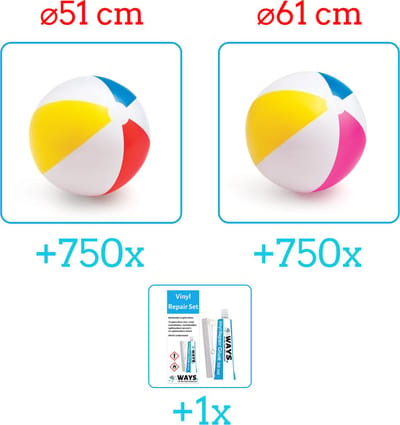 Intex Opblaasbare Strandballen - Strandbal Voordeelverpakking - 2 x 750 stuks - Strandbal Jumbo - Diameter 51 en 61 cm - Ideal voor Festivals - Inclusief handig Reparatiesetje
