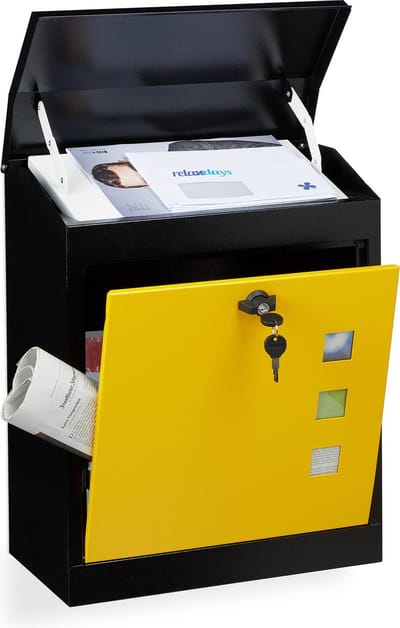 brievenbus muur - staal - met slot - 53 x 43,5 x 26 cm - groot - zwart-geel