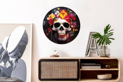 WallCircle - Wandcirkel - Muurcirkel - Schedel - Bloemen - Doodshoofd - Bloed - Kleurrijk - Aluminium - Dibond - 60x60 cm - Binnen en Buiten