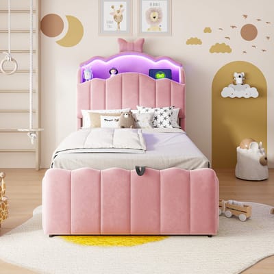 Kinderbed 90x200 cm - Eenpersoonsbed - Opbergbed - Multifunctioneel bed - Met hydraulische functie - Met Opvouwbaar hoofdbord - Met LED-lamp - Met opbergvak - Met USB-oplaadpoort - Veilig en comfortabel - Roze