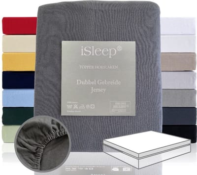 iSleep Dubbel Gebreide Jersey Topper Hoeslaken - Rondom Elastiek - Eenpersoons - 90x200/210/220 cm - Antraciet