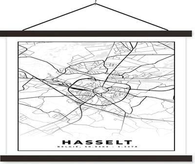 Posterhanger incl. Poster 60x40 cm - Schoolplaat - Stadskaart – Plattegrond – België – Zwart Wit – Hasselt – Kaart - Textielposter - Zwarte latten - Stadskaart