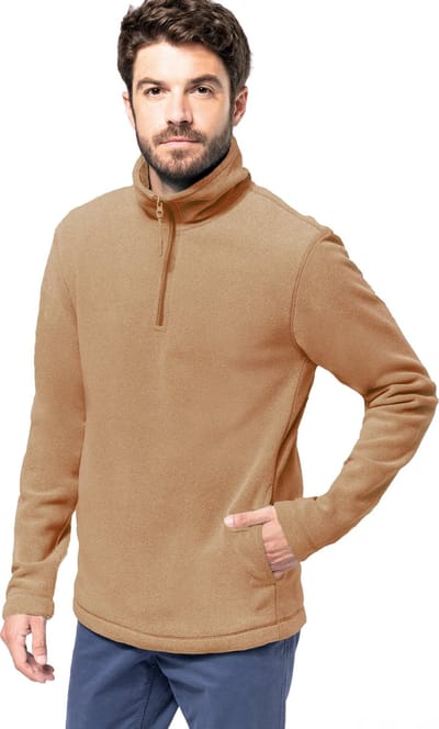 Kariban Fleece trui - camel bruin - halve ritskraag - warme winter sweater - heren - polyester M