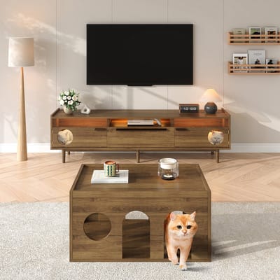 MODFU - Tv-Meubel - Met Ledverlichting En Kattenruimte - Mid-Century - Voor Woonkamer - MDF En Gehard Glas - Walnootkleur - 180 X 40 X 50 Cm