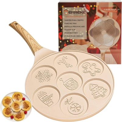 Pannenkoekenpan - Feestelijke pan - Kerstontbijt maken - 7 figuren tegelijk - 26 cm - Beige
