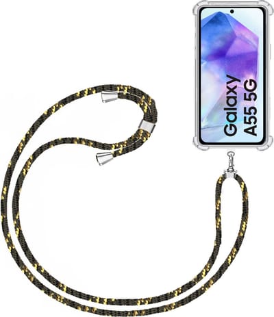 Telefoonkoord + Hoesje Geschikt voor Samsung Galaxy A55 - Lengte Verstelbaar - Telefoonketting - Shock Proof Case - Zwart Goud