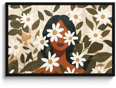 Poster in lijst - Fotolijst 90x60 cm - Posters - Illustratie - Vrouw - Madeliefjes - Wit - Posterlijst zwart - Decoratie - Wanddecoratie woonkamer - Muurdecoratie slaapkamer