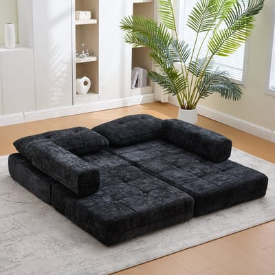 REDOM - Opklapbare Slaapbank - Met Rugleuning En Kussens - Voor Woonkamer Of Logeerkamer - Chenille - Zwart - 79 x 79 x 57 cm