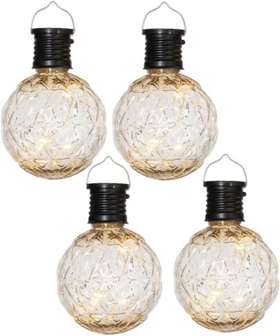 Anna's Collection Solar sfeer hanglamp - 4x - tuin - lampenbol - bewerkt glas - zwart - 11 cm - ophang haakje - solarverlichting