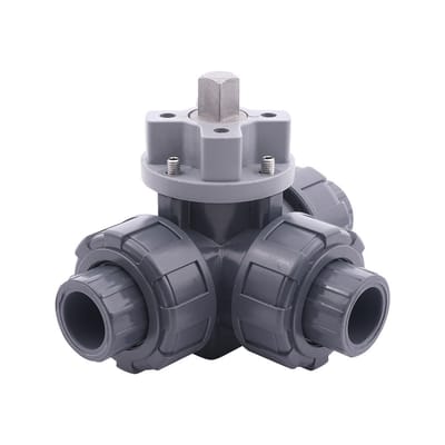 Wartelontwerp 63 mm L-boring 3-Weg PVC Kogelkraan ISO-Top 10 bar PTFE/EPDM - BL3PAL-P-063
