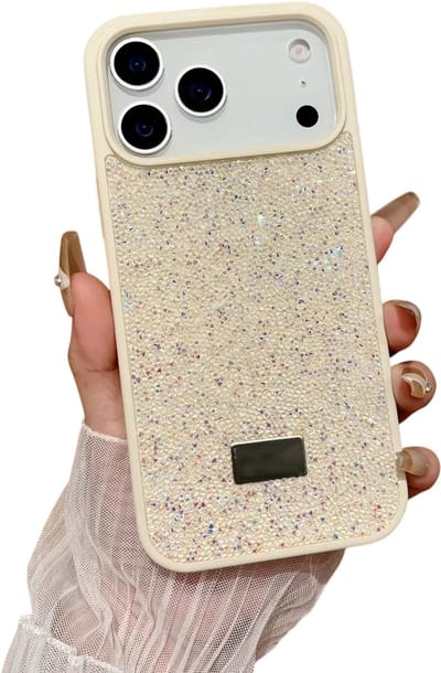 Bling Glitter Telefoonhoesje met Strass – Geschikt voor iPhone 17 - Veelkleurig Beschermhoesje, Camera Bescherming, Luxe Cover, Trendy Hoesje - BEIGE